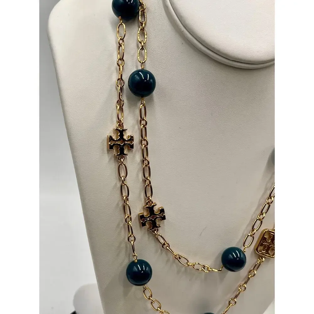 Tory Burch‎ Designer Evie Teal Resin Logo Station Gold Plated Necklace
